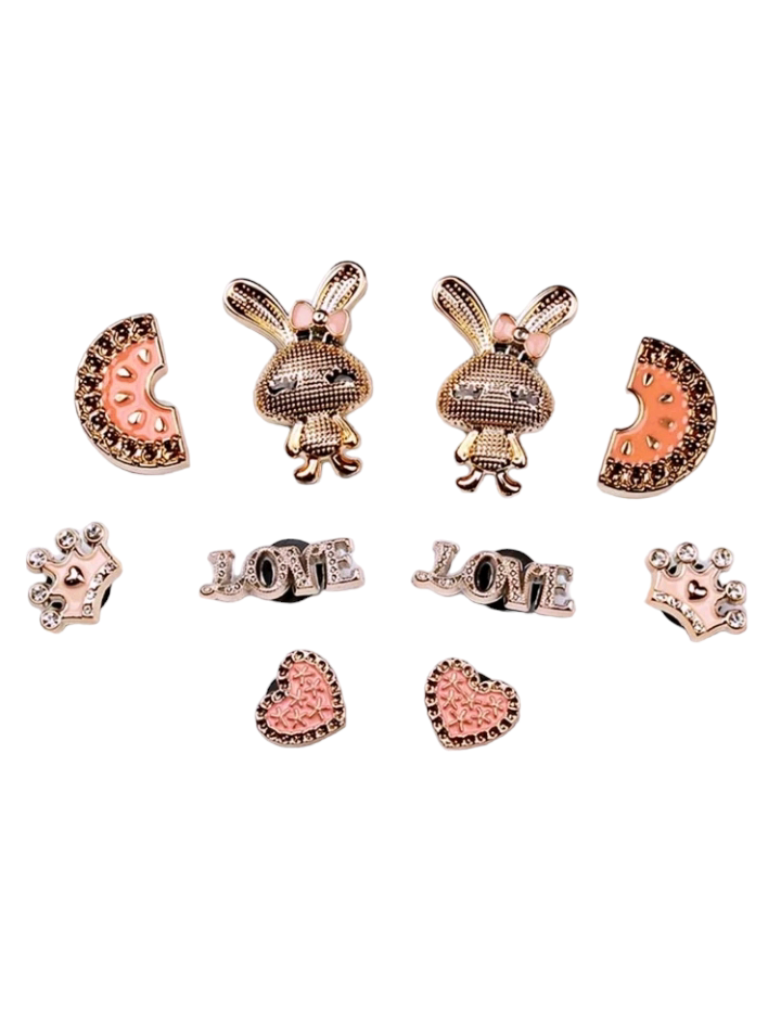  10pcs/set Detachable Flower & Buckle Accessory Decor Crown & Rabbit Shoe Decoration: A collection of ten detachable decorative accessories, including flower crowns and rabbit shoe decorations, designed to add charm and style to various fashion items.