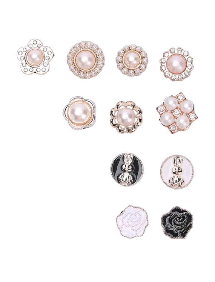 A set of eleven shoe decorations featuring metal and faux pearl designs, perfect for adding an elegant touch to footwear.