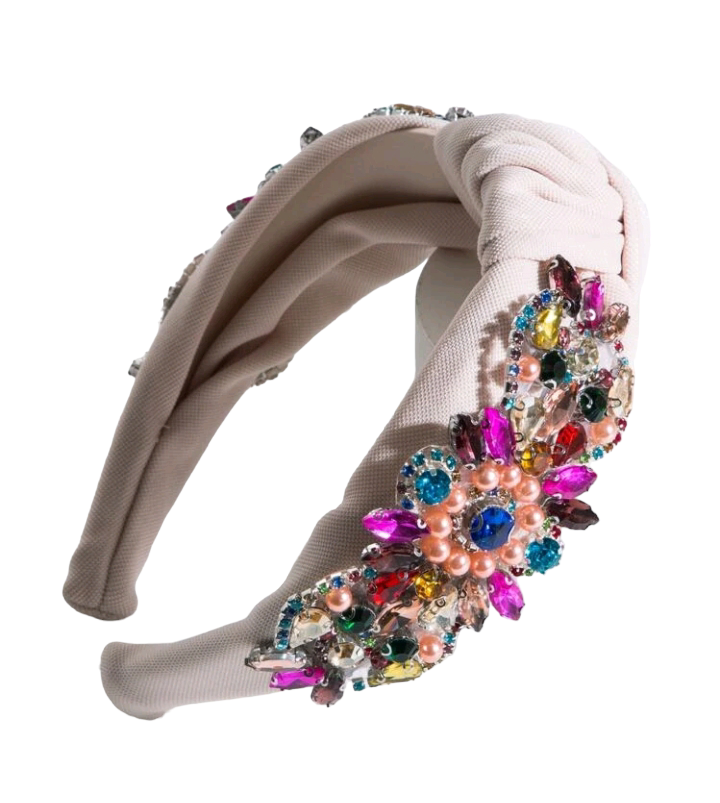 A Beige Cubic Zirconia Decor Headband featuring a row of shimmering cubic zirconia gemstones in a beige setting, creating a luxurious and stylish hair accessory with a neutral color palette.