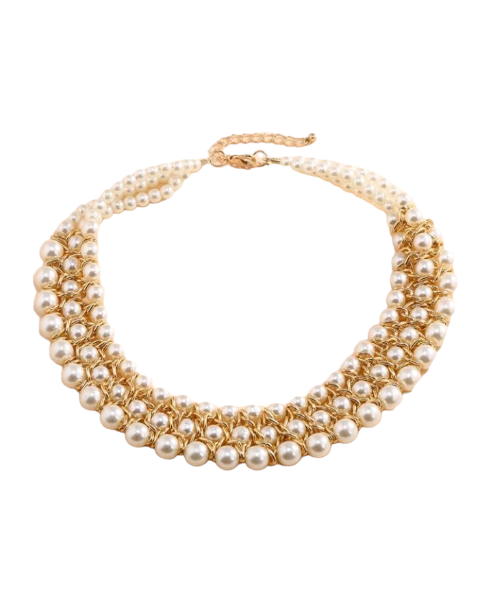 Image of a faux pearl beaded layered necklace, featuring multiple strands of lustrous pearl-like beads elegantly arranged, creating a sophisticated and timeless accessory for any outfit or occasion.