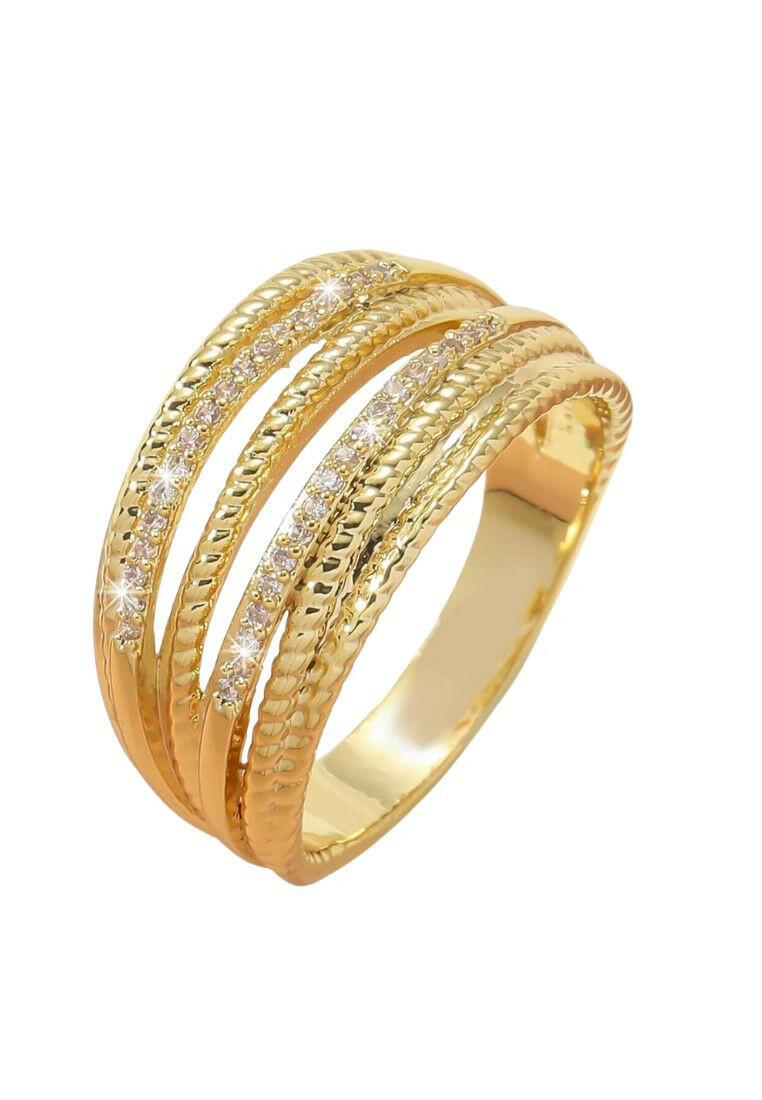 A dazzling gold ring adorned with cubic zirconia gems. The ring showcases brilliant cubic zirconia stones set within an elegantly designed gold setting. The sparkling gemstones and the lustrous gold combine to create a captivating and glamorous appearance. This ring is a stylish and sophisticated accessory that adds a touch of opulence and luxury to any outfit.