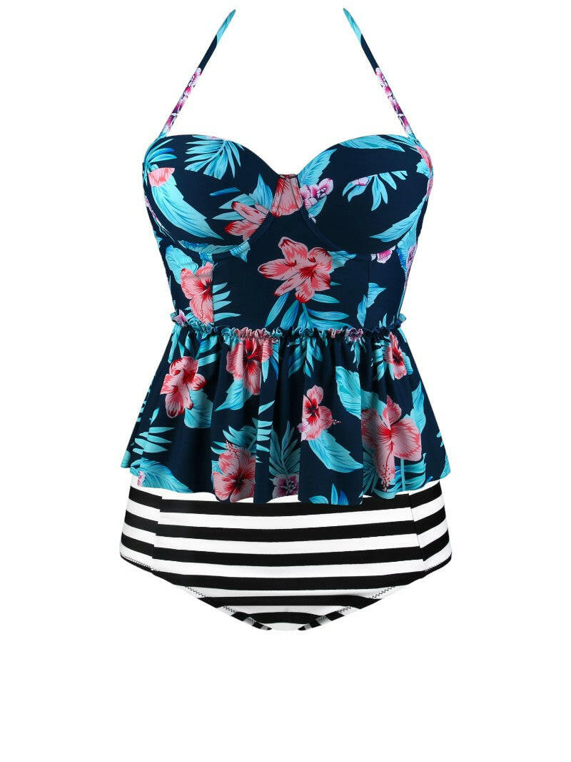 Blue 2pcs Floral Print Flounce Tankini  Swimwear