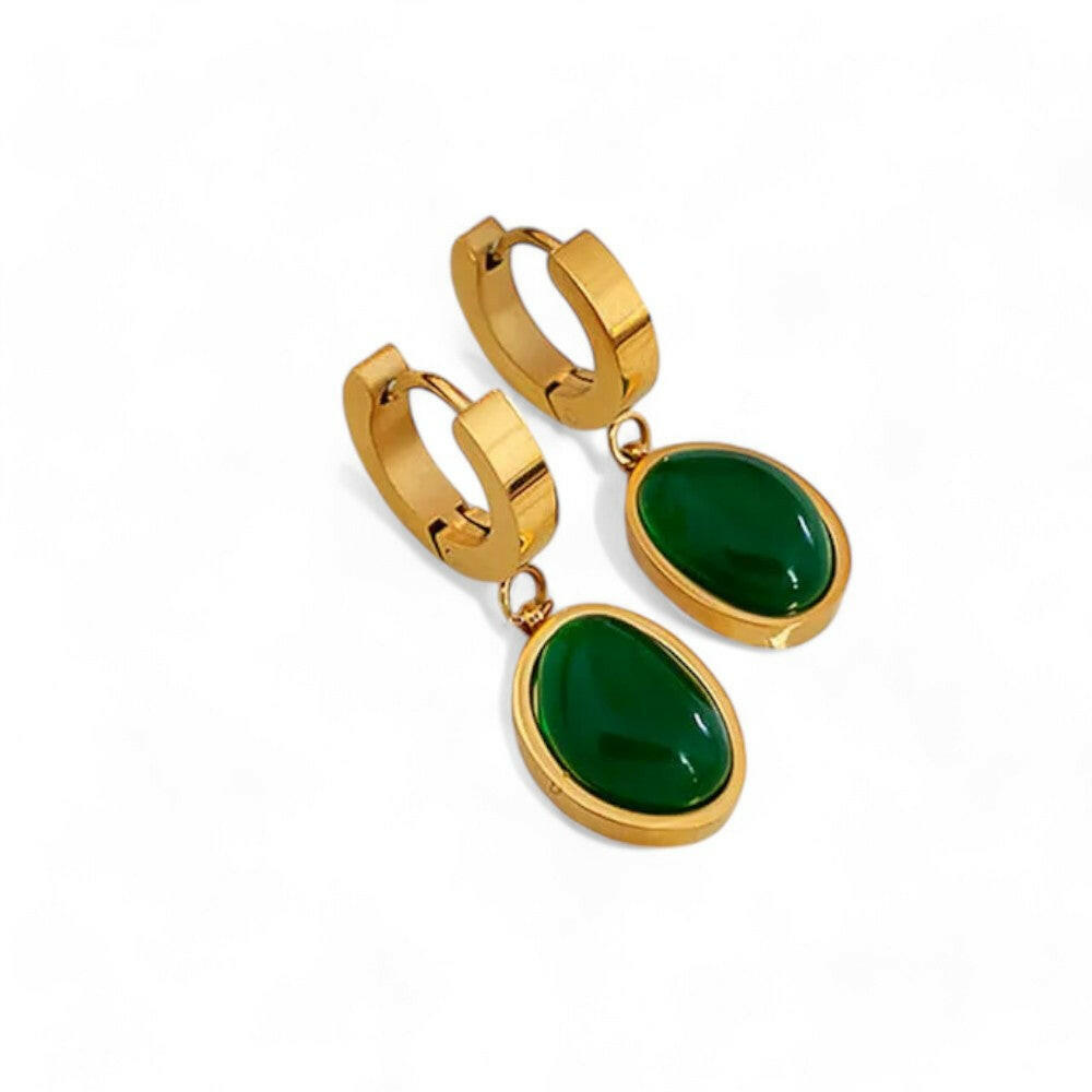 Retro Green Artificial Gem Oval  Earrings