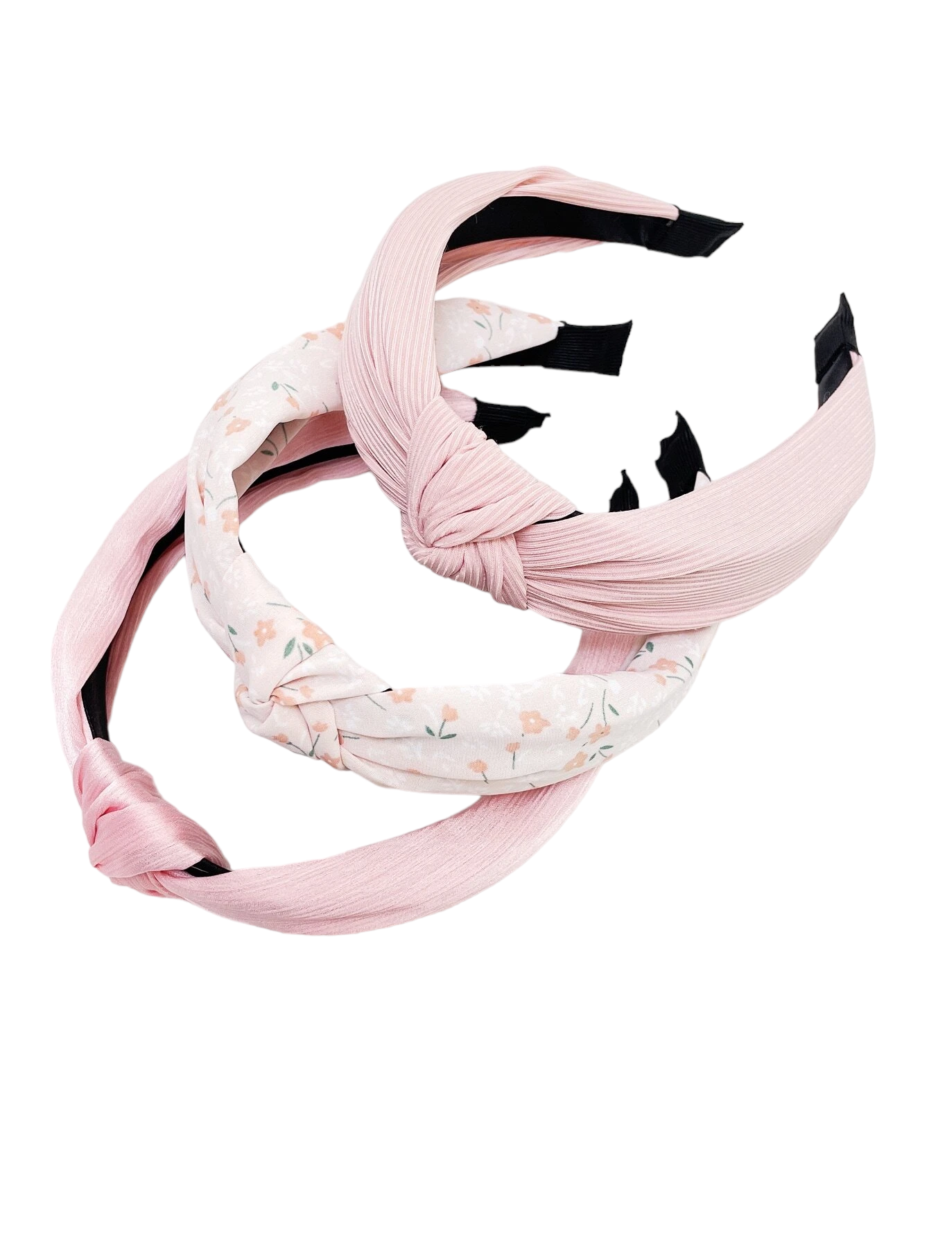 A set of three headbands adorned with knot decor and floral print patterns, adding a touch of floral elegance to your hair accessories.