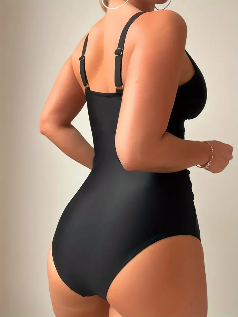 Solid Color Mesh Contrast V Neck One-piece Swimsuit