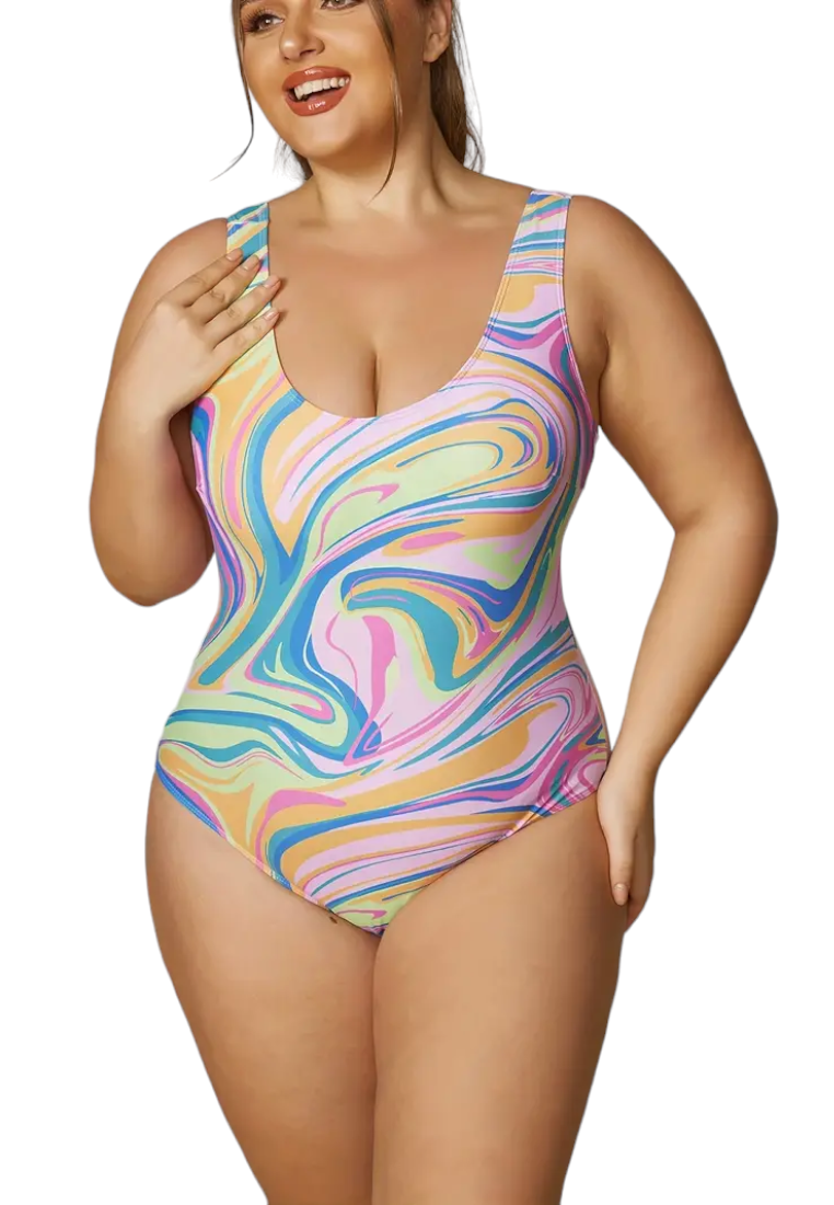 Plus Size Print Scoop Neck  Swimwear