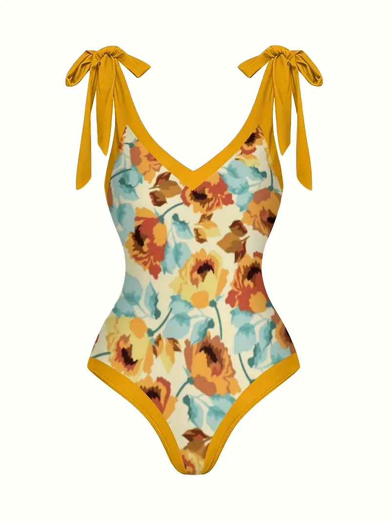 Bow Tie Shoulder Straps V Neck One-piece Bathing-suit & Cover Up Skirt