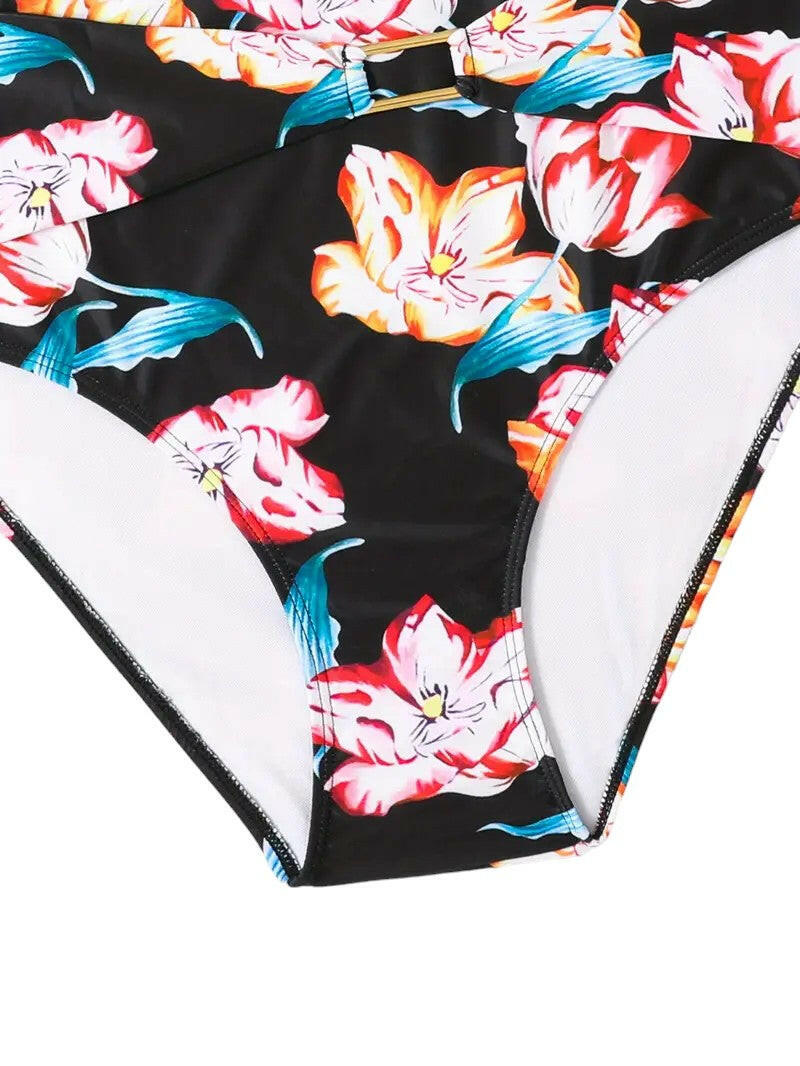 Floral & Chain Print Plus Size  Swimwear