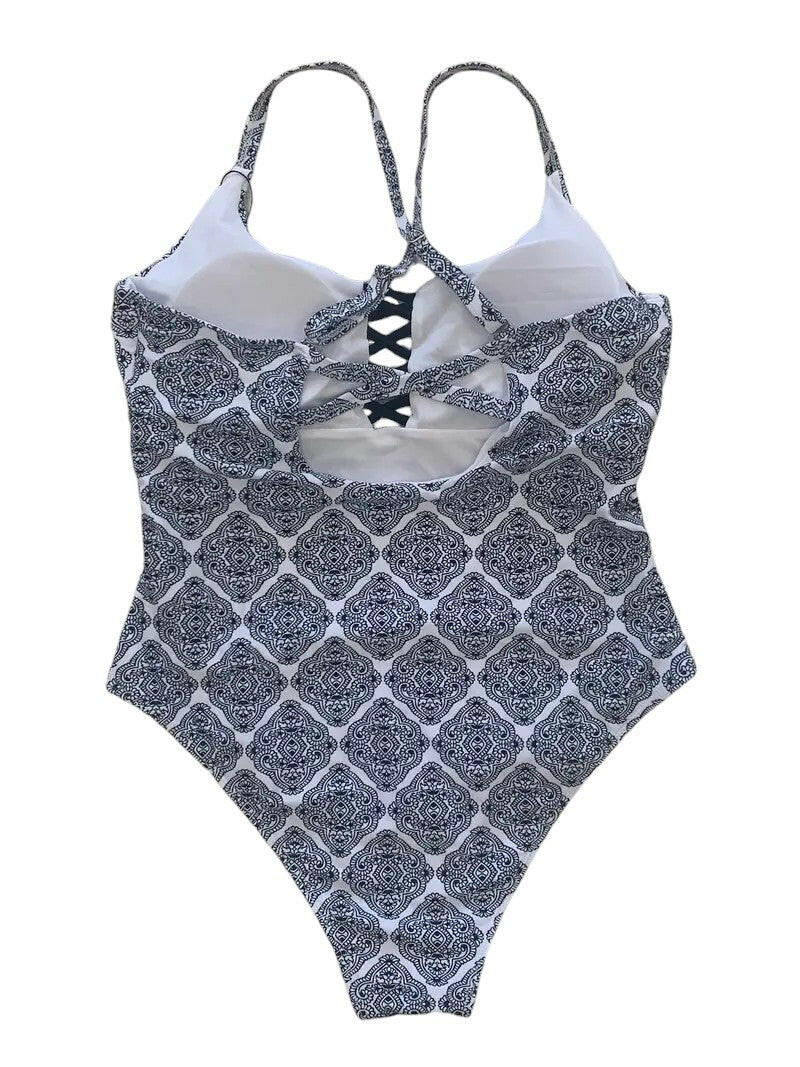 Plus Size Allover Print Crisscross  Swimwear