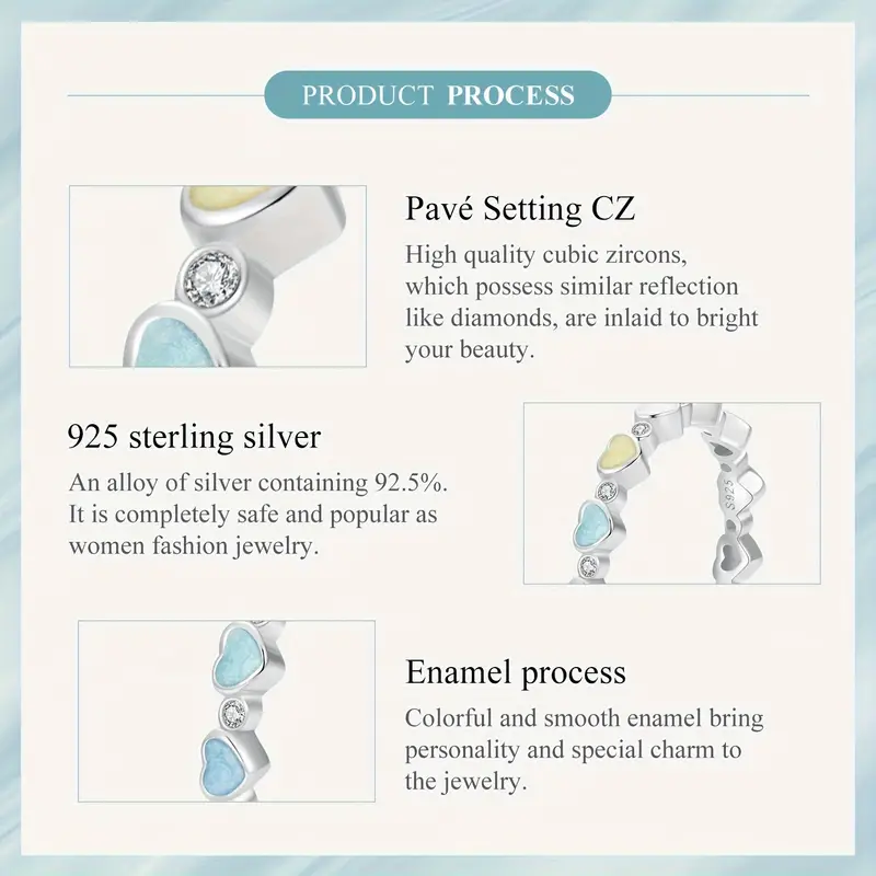 925 Sterling Silver Colorful Heart Beaded Ring