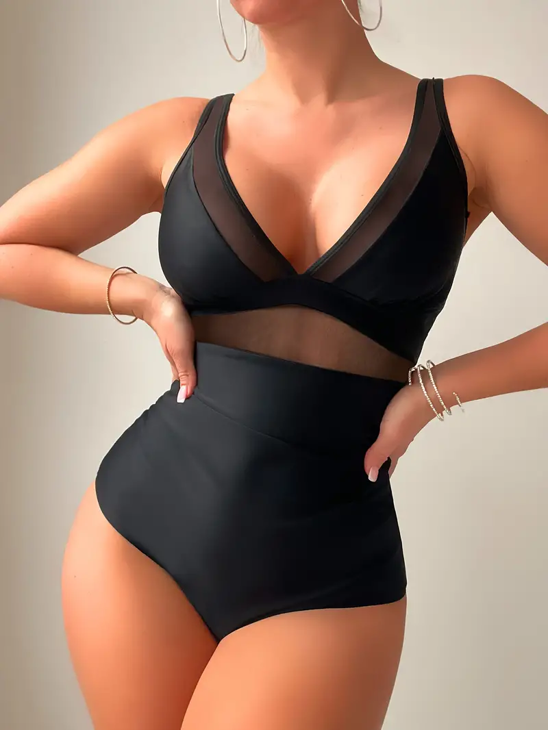 Solid Color Mesh Contrast V Neck One-piece Swimsuit