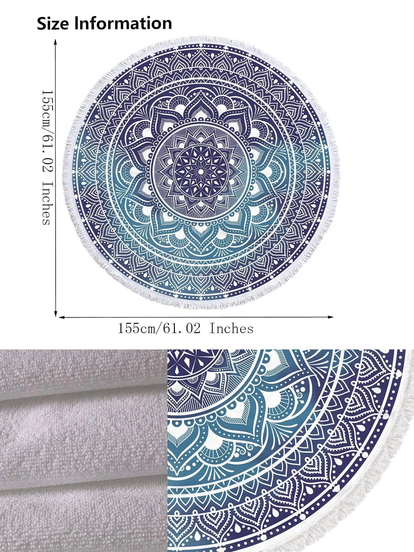A boho beach towel with a blue ombre mandala print and fringe trim. The towel features a gradient of blue colors in a mandala pattern, with fringe trim along the edges. This towel is stylish and versatile, suitable for beach outings or outdoor relaxation. The blue ombre design and fringe trim add a touch of bohemian flair to the towel.