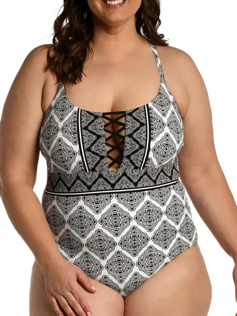 Plus Size Allover Print Crisscross  Swimwear