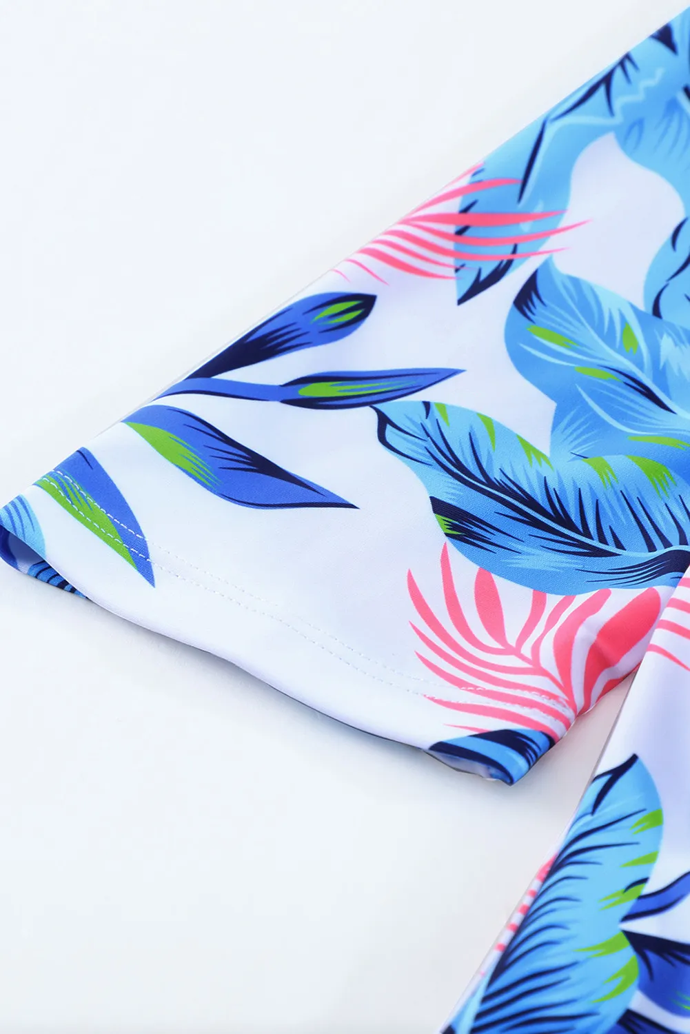 Red Blue Leaves Zip Front Half Sleeve One Piece Swimsuit Estilo Philippines