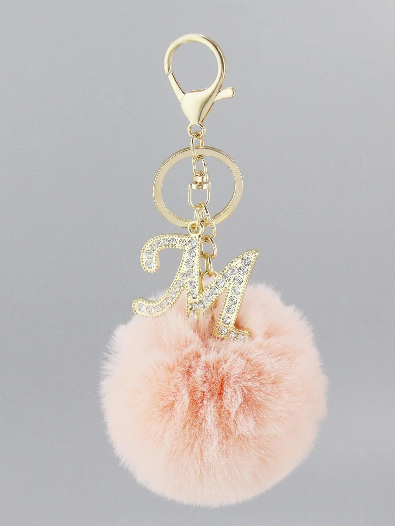 Fluffy Pompom with Dazzling Letter M Charm Keychain
