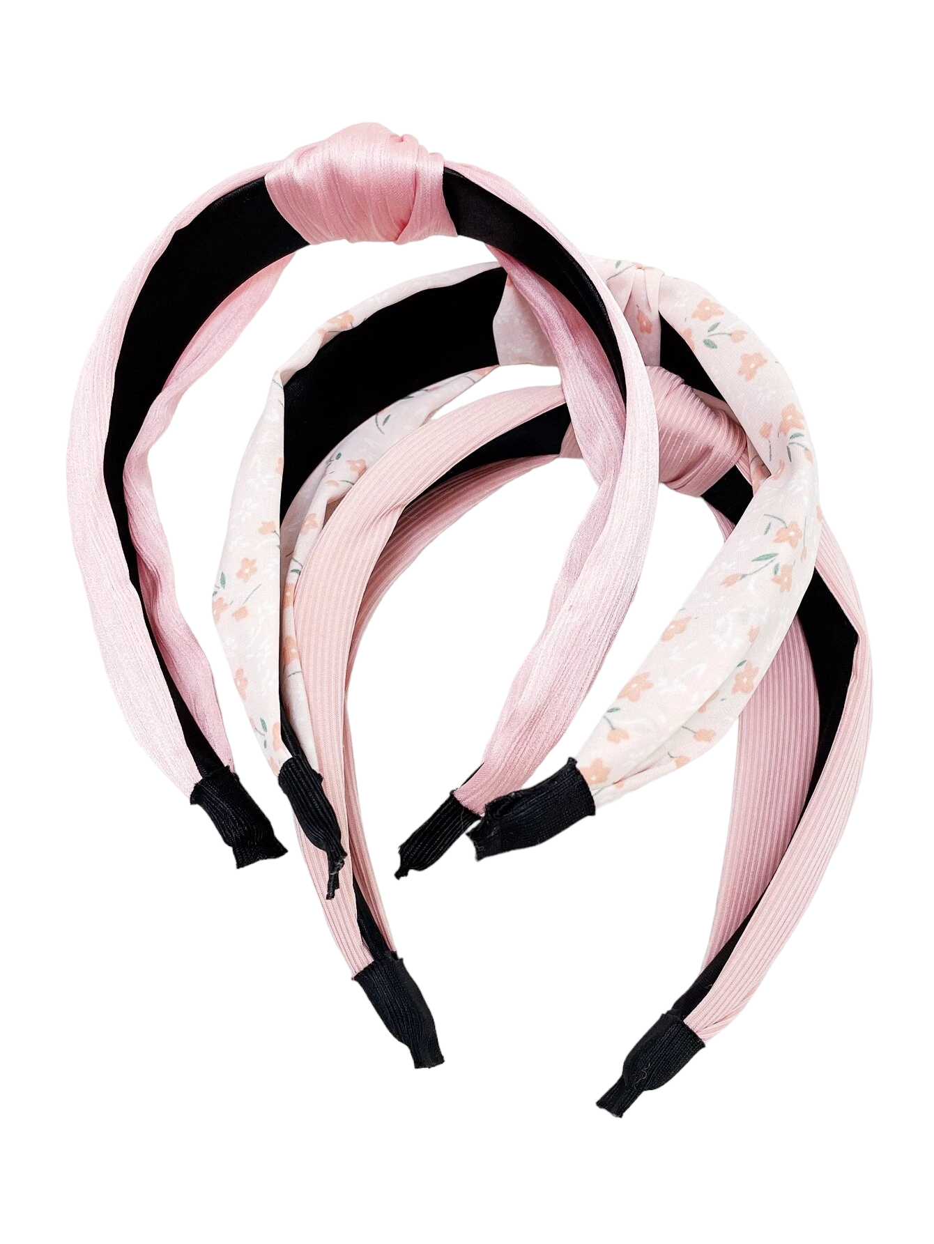 A set of three headbands adorned with knot decor and floral print patterns, adding a touch of floral elegance to your hair accessories.