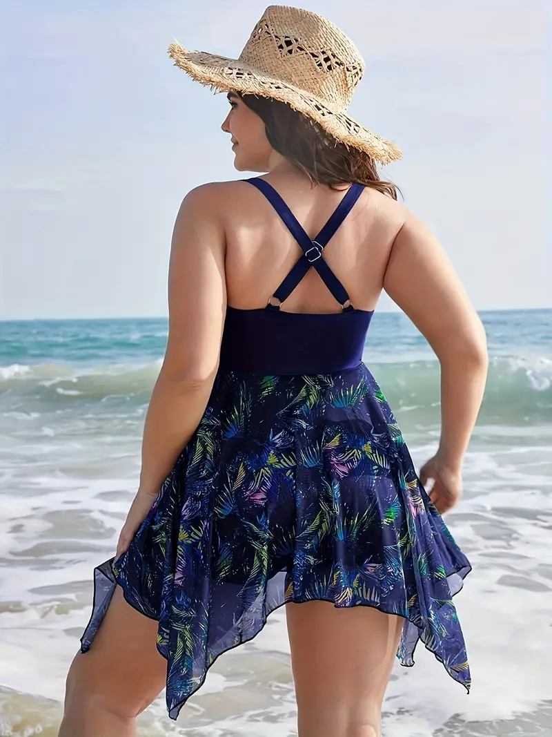 Tropical Print Plus Size Lace Up  Swimwear
