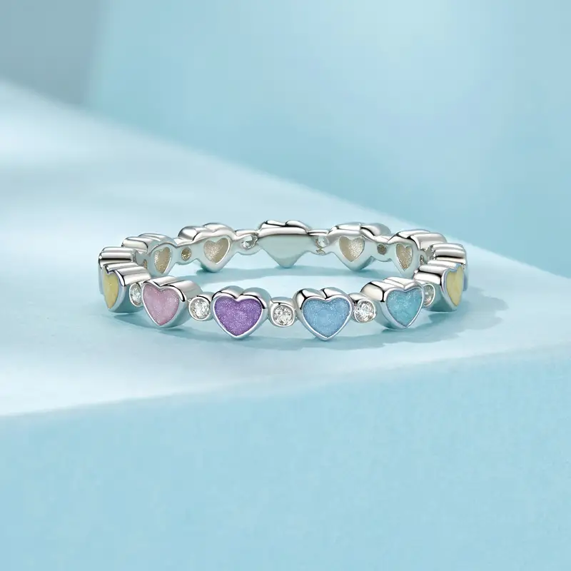 925 Sterling Silver Colorful Heart Beaded Ring