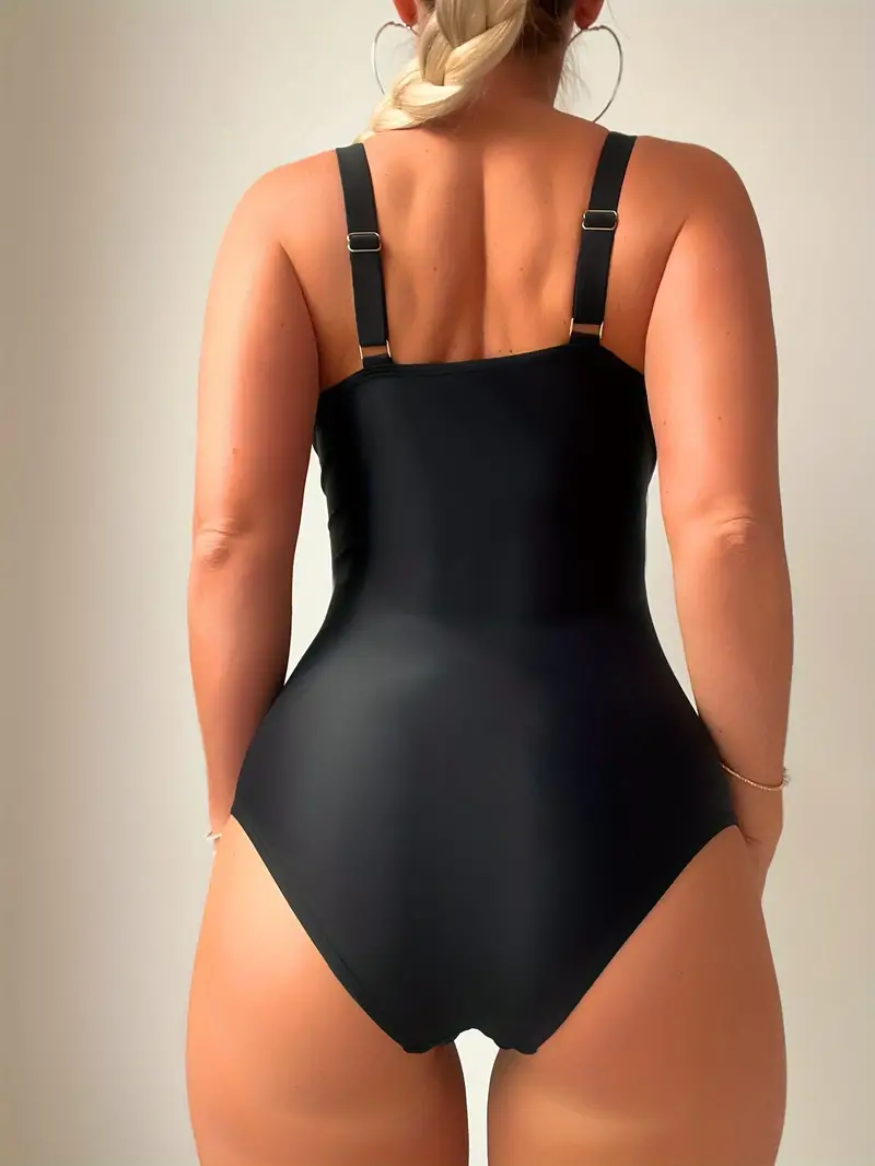Solid Color Mesh Contrast V Neck One-piece Swimsuit