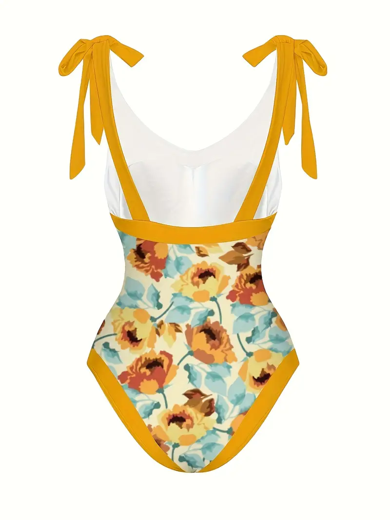 Bow Tie Shoulder Straps V Neck One-piece Bathing-suit & Cover Up Skirt