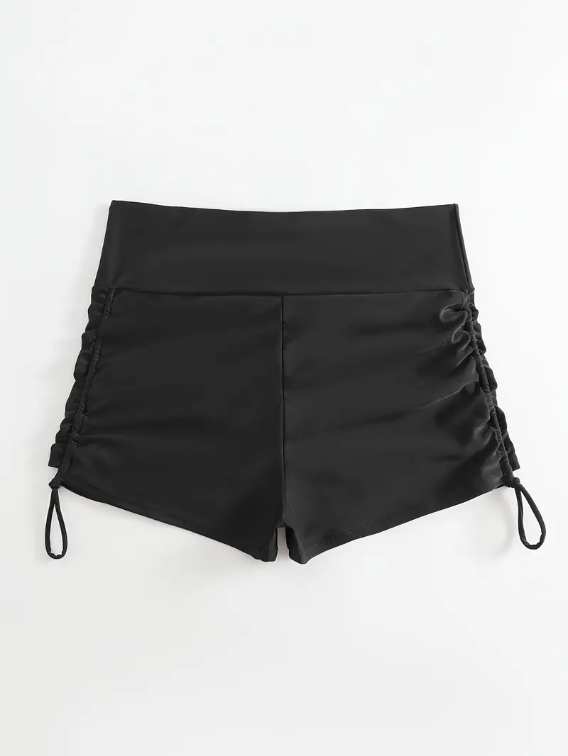 Plus Size Solid Drawstring Ruched Side High Waisted Beachwear Shorts