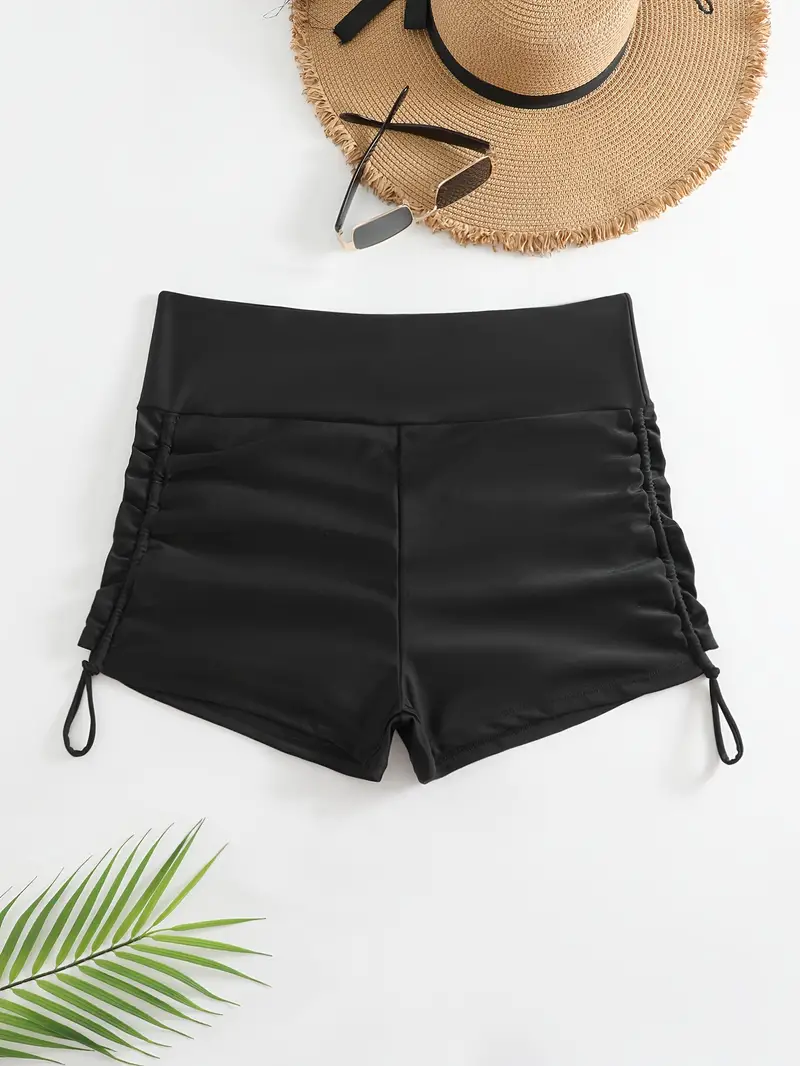 Plus Size Solid Drawstring Ruched Side High Waisted Beachwear Shorts