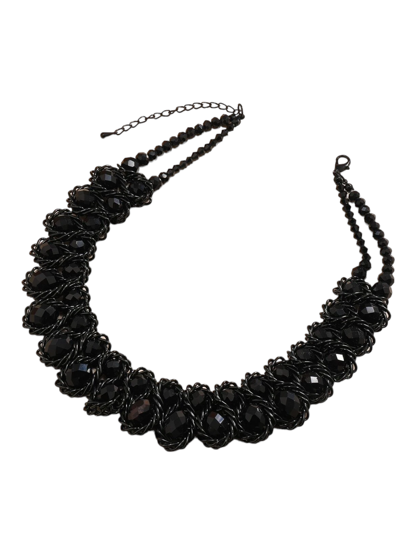 A layered necklace featuring multiple beads and chains arranged in a fashionable manner. The necklace showcases different layers of beads and chains, creating a stylish and textured look. This accessory is versatile and can complement various outfits, adding a touch of trendy elegance.