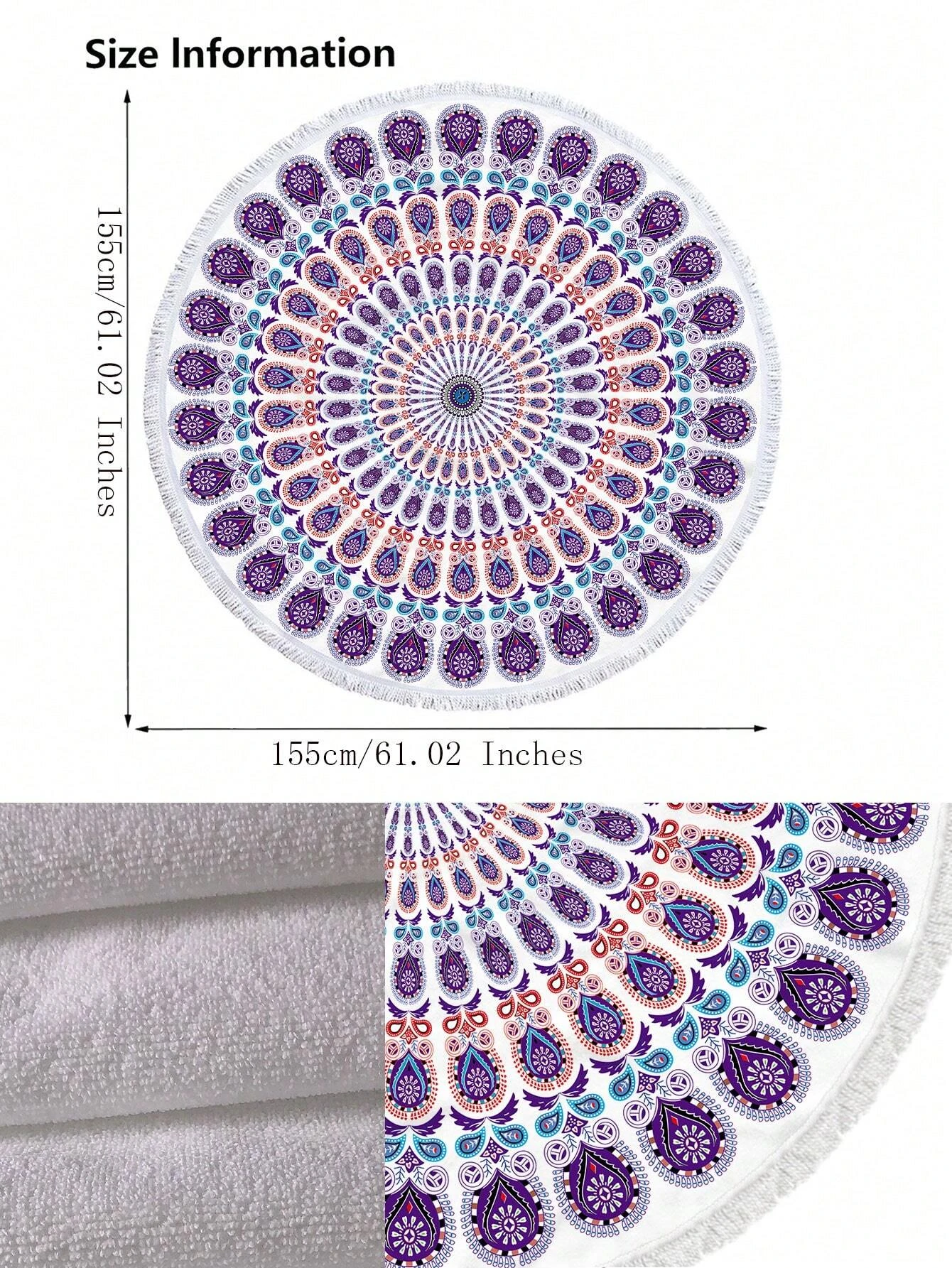 A beach towel featuring a purple mandala pattern and fringe trim. The towel showcases an intricate mandala design in shades of purple, with decorative fringe trim along the edges. This towel is both stylish and functional, perfect for beach outings or outdoor relaxation. The purple mandala pattern and fringe trim add a touch of bohemian elegance to the towel.