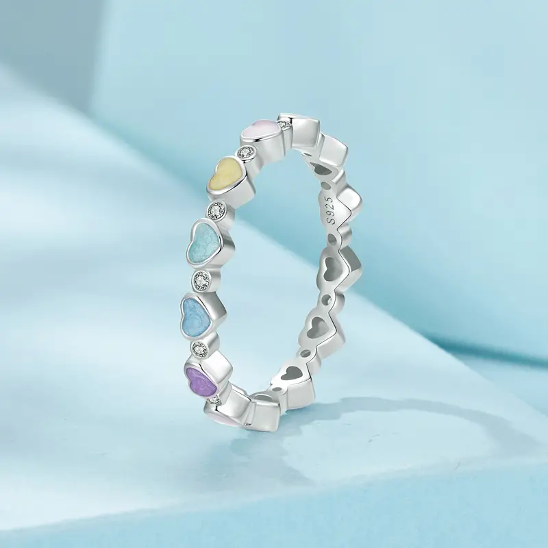 925 Sterling Silver Colorful Heart Beaded Ring