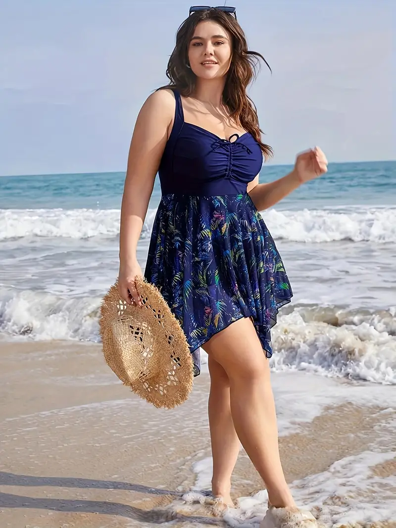 Tropical Print Plus Size Lace Up  Swimwear
