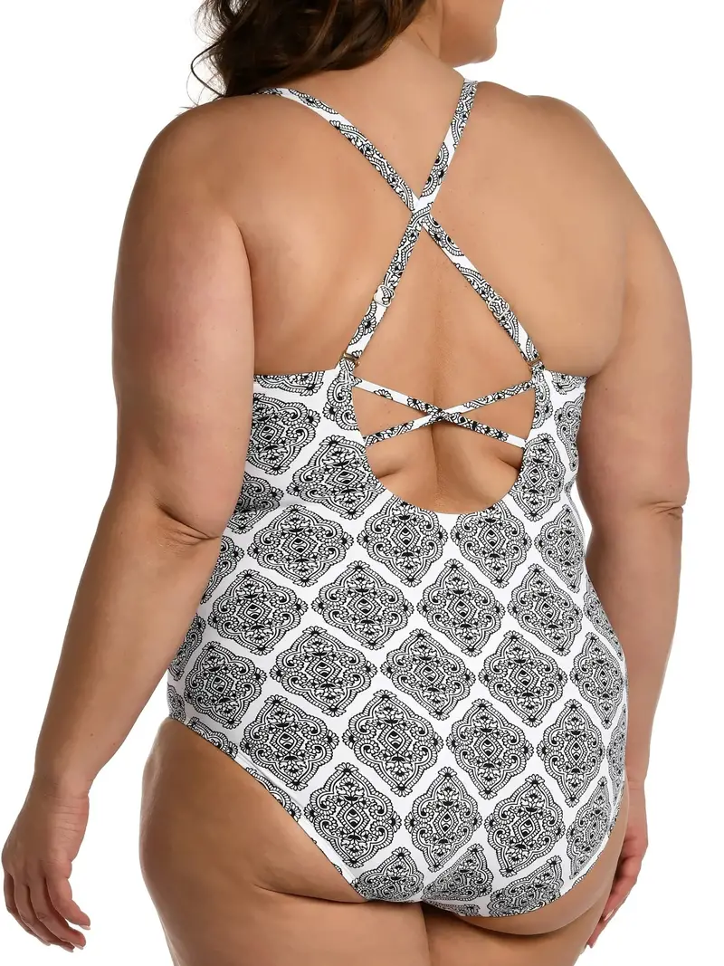 Plus Size Allover Print Crisscross  Swimwear