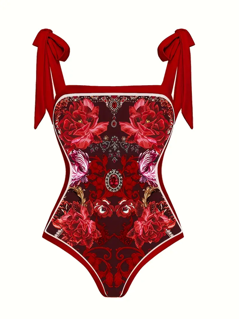 Floral Bow Tie Plus Size Beach Swimwear