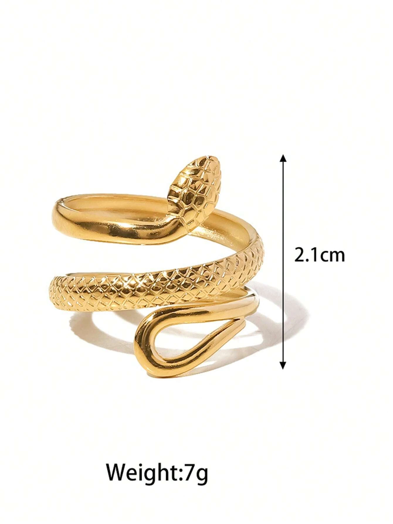 A modern stainless steel wrap ring with a snake design. The ring features an open-ended wrap style that showcases a snake motif at the ends. The snake design is intricately detailed, creating a stylish and edgy look. Crafted from stainless steel, this ring is a versatile and fashionable accessory that adds a touch of intrigue and sophistication to any outfit.