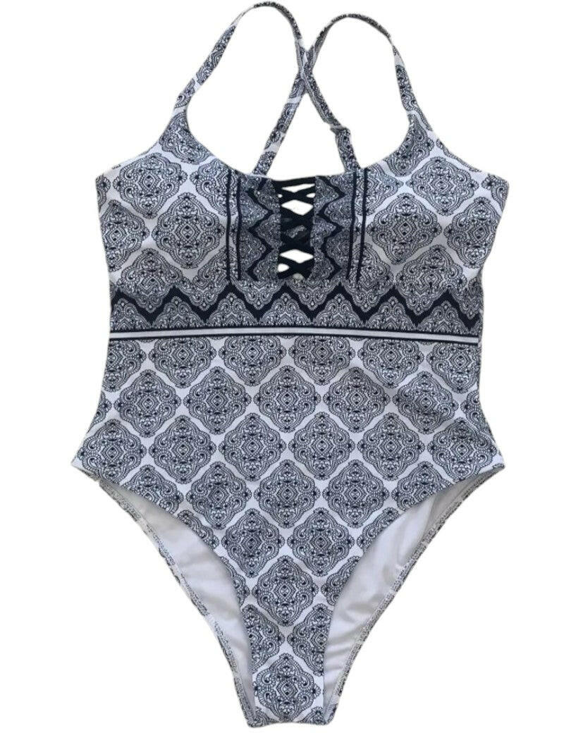 Plus Size Allover Print Crisscross  Swimwear