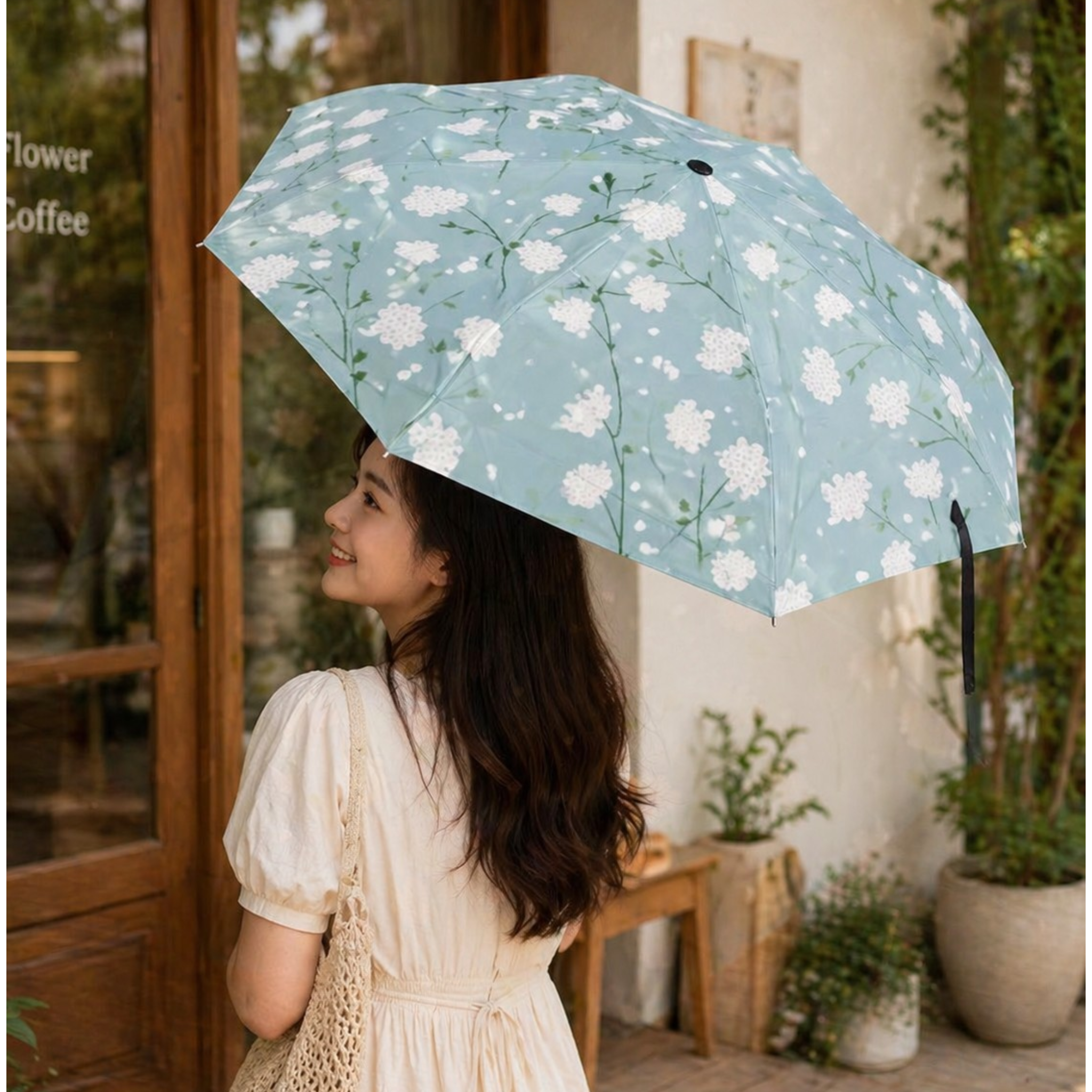 Pastel Blue Floral Umbrella