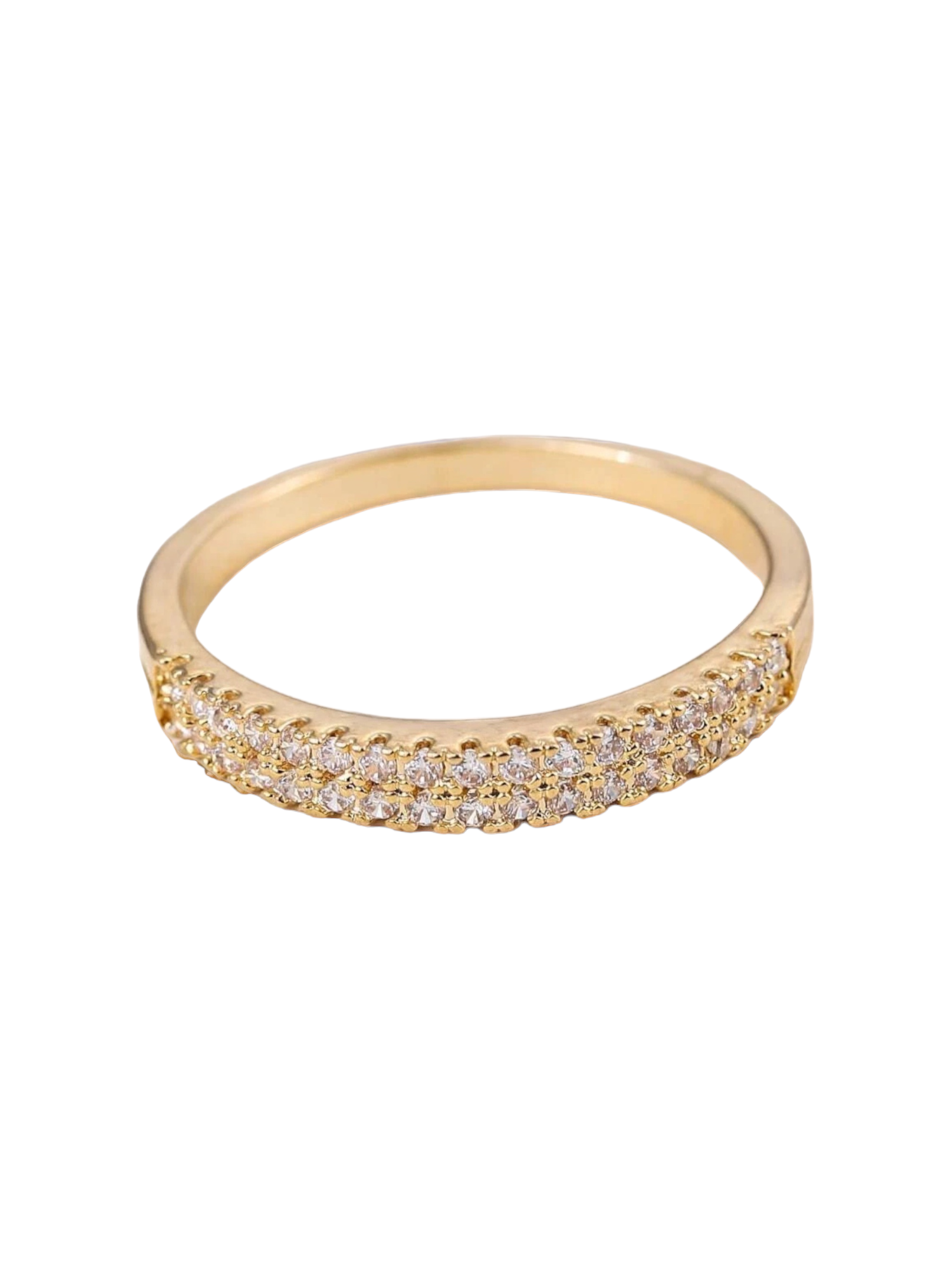 A dazzling gold ring adorned with cubic zirconia gems. The ring showcases brilliant cubic zirconia stones set within an elegantly designed gold setting. The sparkling gemstones and the lustrous gold combine to create a captivating and glamorous appearance. This ring is a stylish and sophisticated accessory that adds a touch of opulence and luxury to any outfit.