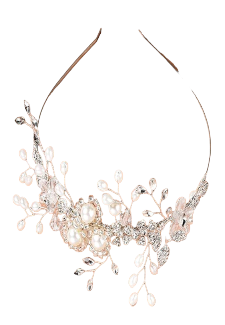 An elegant bridal headband adorned with faux pearls and delicate decorative elements. The headband features a graceful arrangement of lustrous faux pearls, creating a timeless and sophisticated look for brides on their special day.