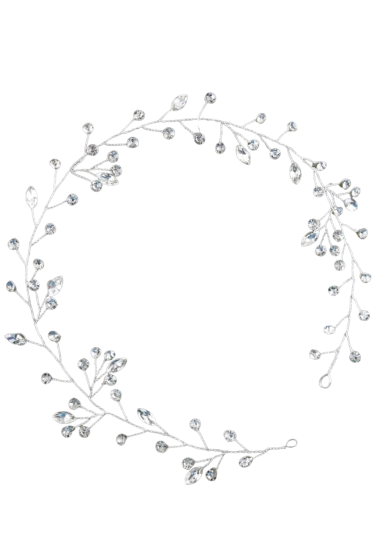 A silver headband with a soft chain design, embellished with sparkling rhinestones for a touch of glamour. The headband showcases intricate silver chains interwoven with shimmering rhinestones, adding a dazzling and luxurious accent to any hairstyle.