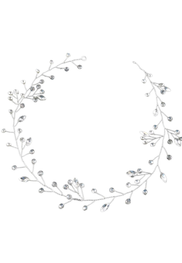 A silver headband with a soft chain design, embellished with sparkling rhinestones for a touch of glamour. The headband showcases intricate silver chains interwoven with shimmering rhinestones, adding a dazzling and luxurious accent to any hairstyle.