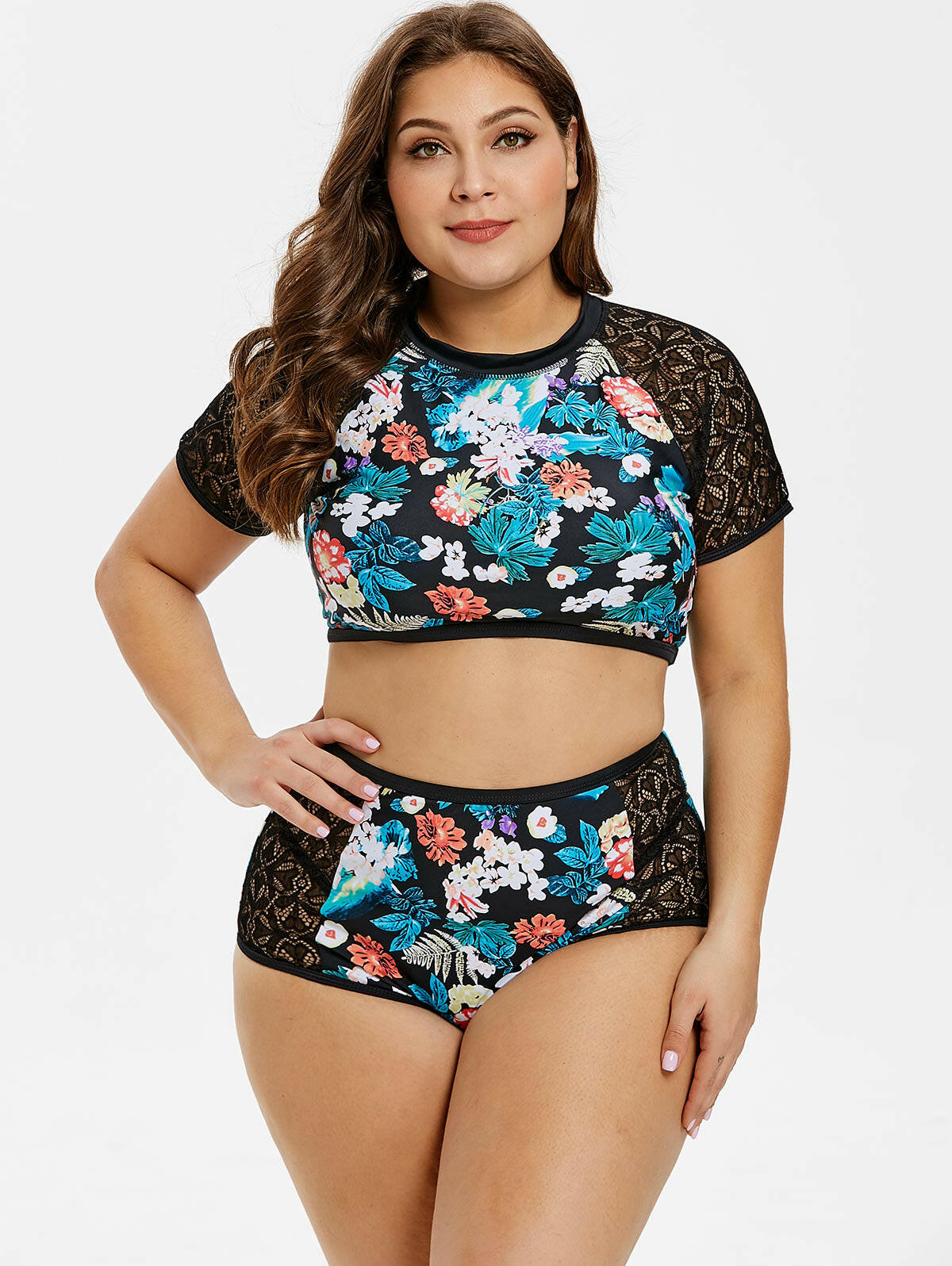 Plus size Lace Hollow Floral 2pcs  Swimwear