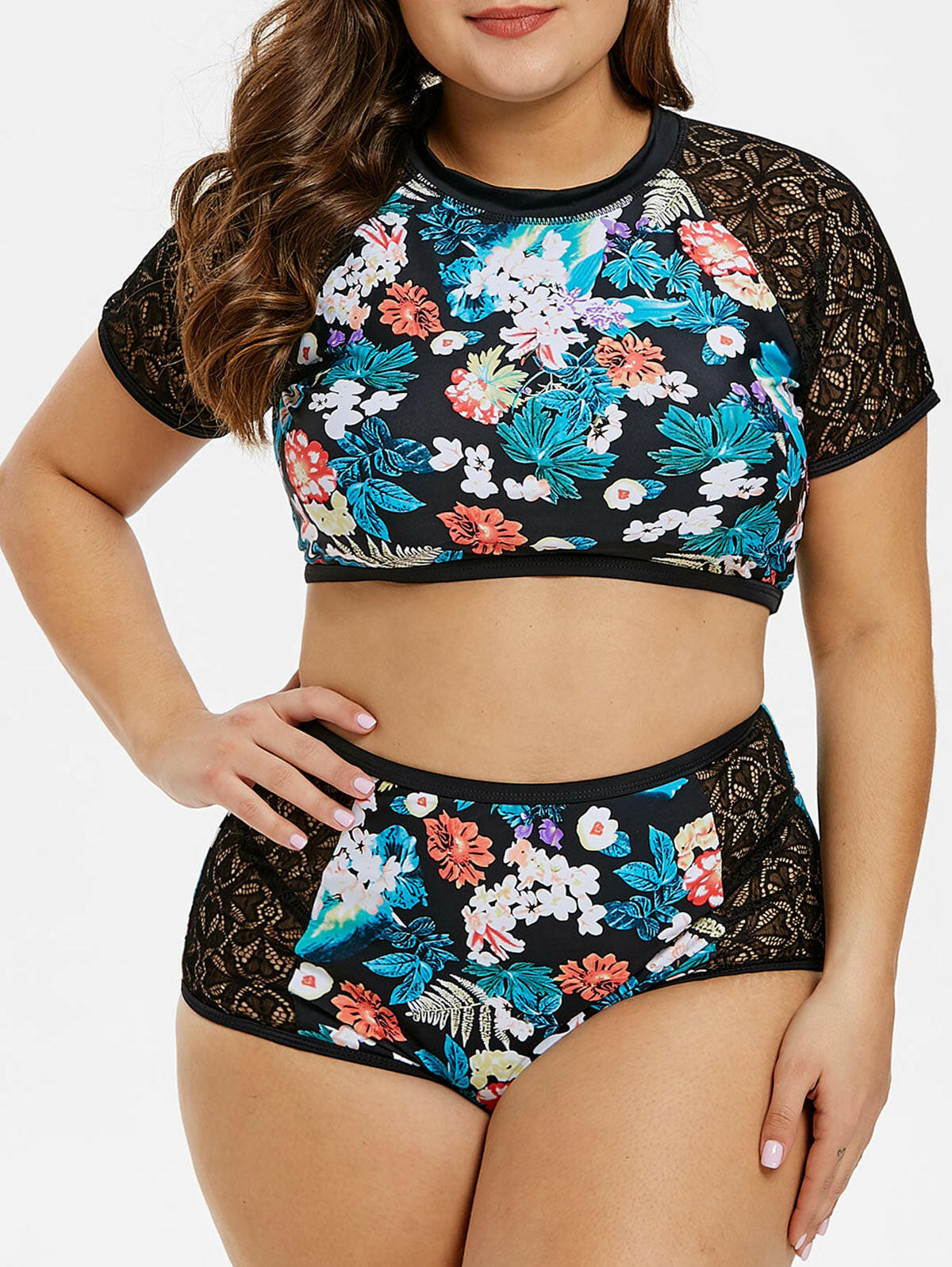 Plus size Lace Hollow Floral 2pcs  Swimwear