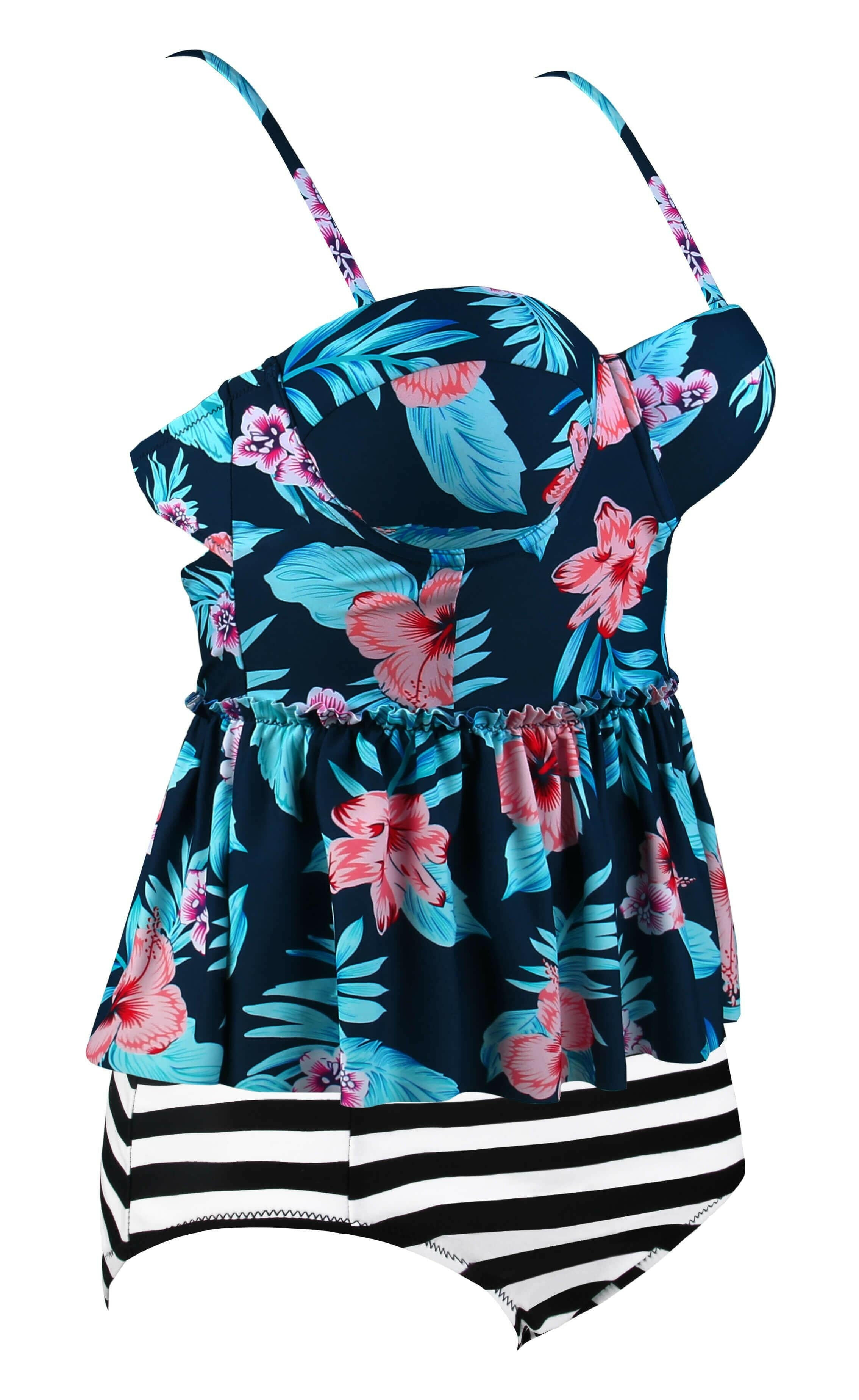 A blue 2-piece tankini swimsuit with a floral print and flounce design.