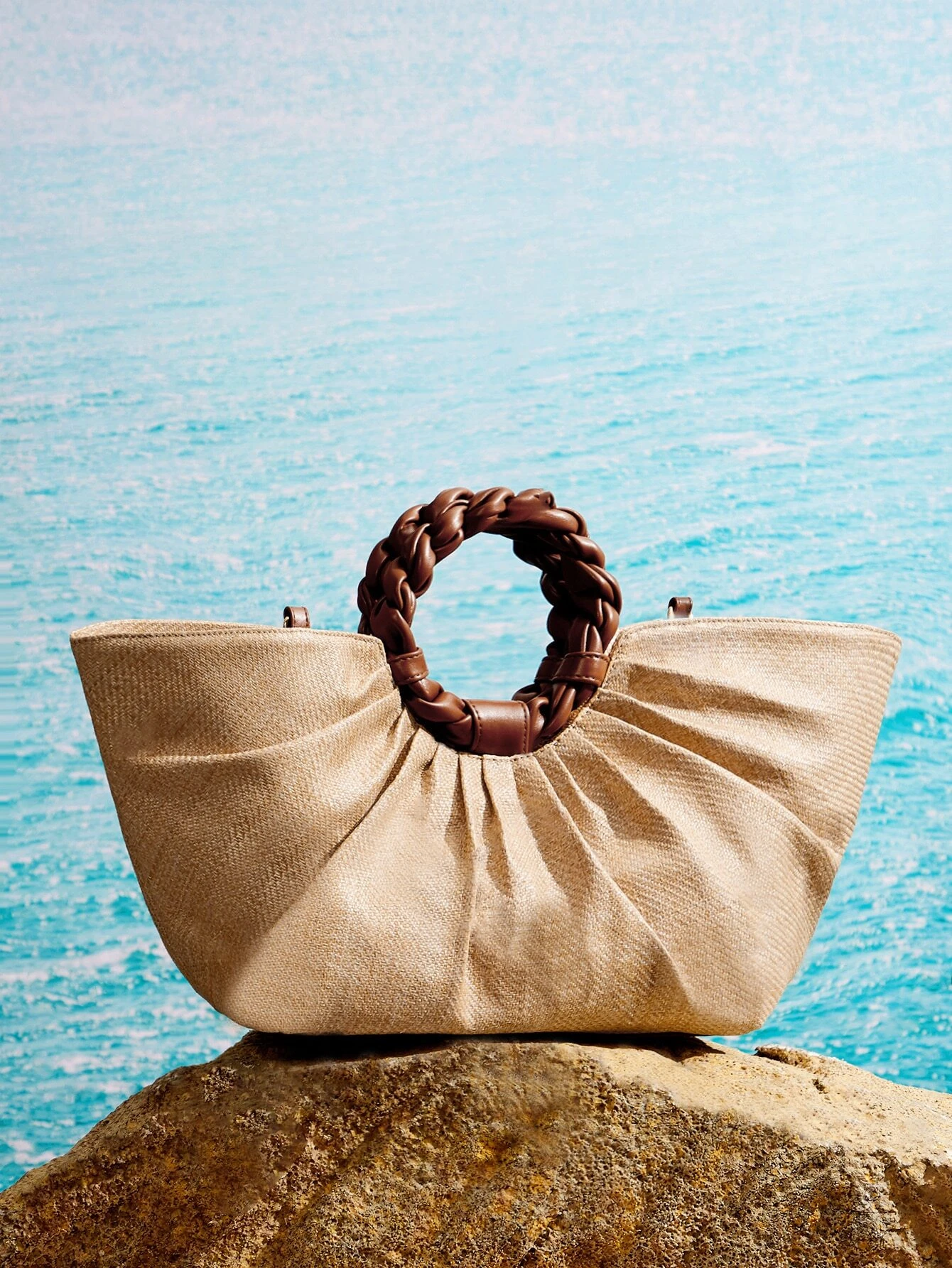 Braided Strap Ruched Straw Top Handle Bag