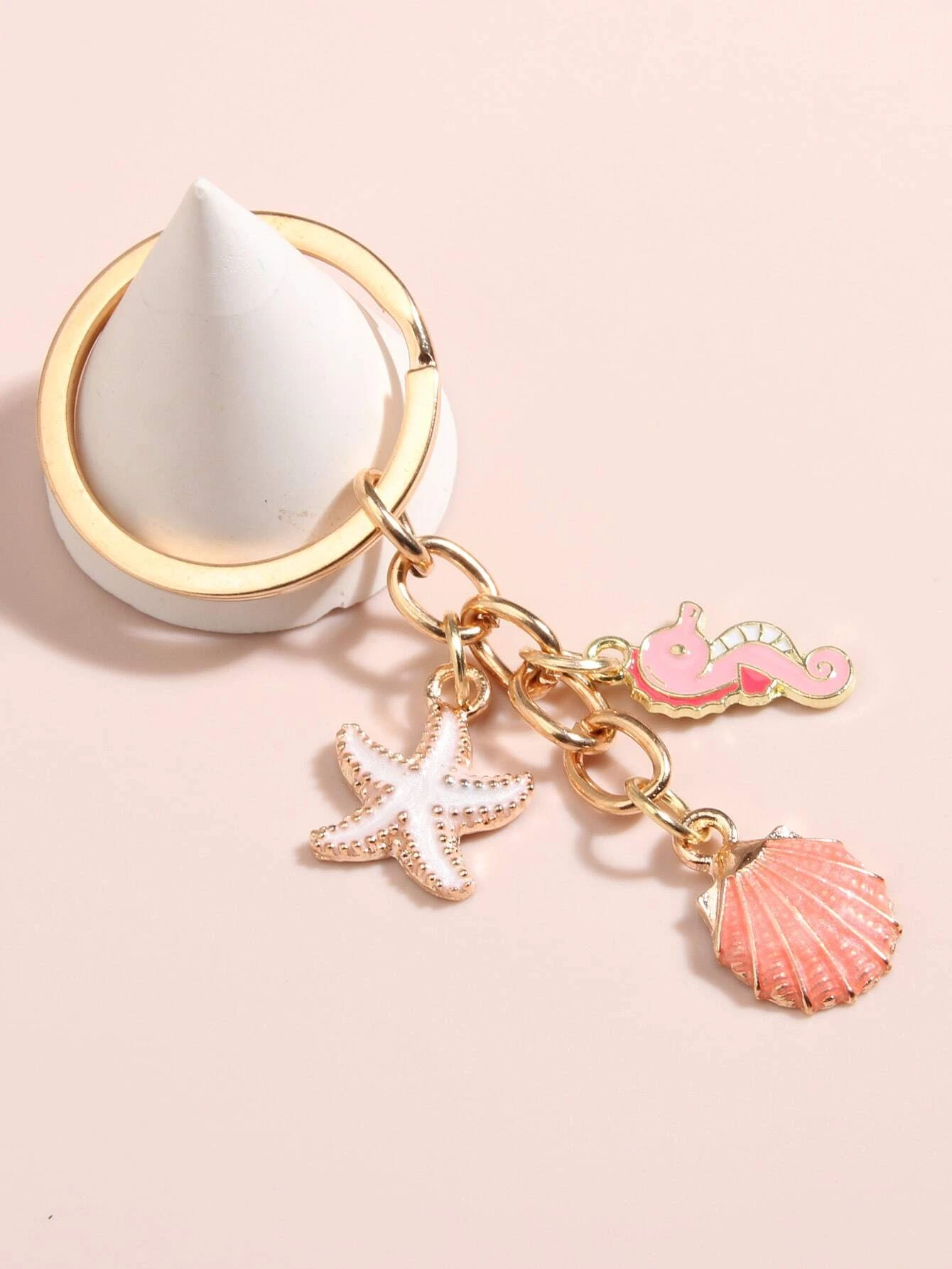 Pink Seashell and Starfish Decor Keychain