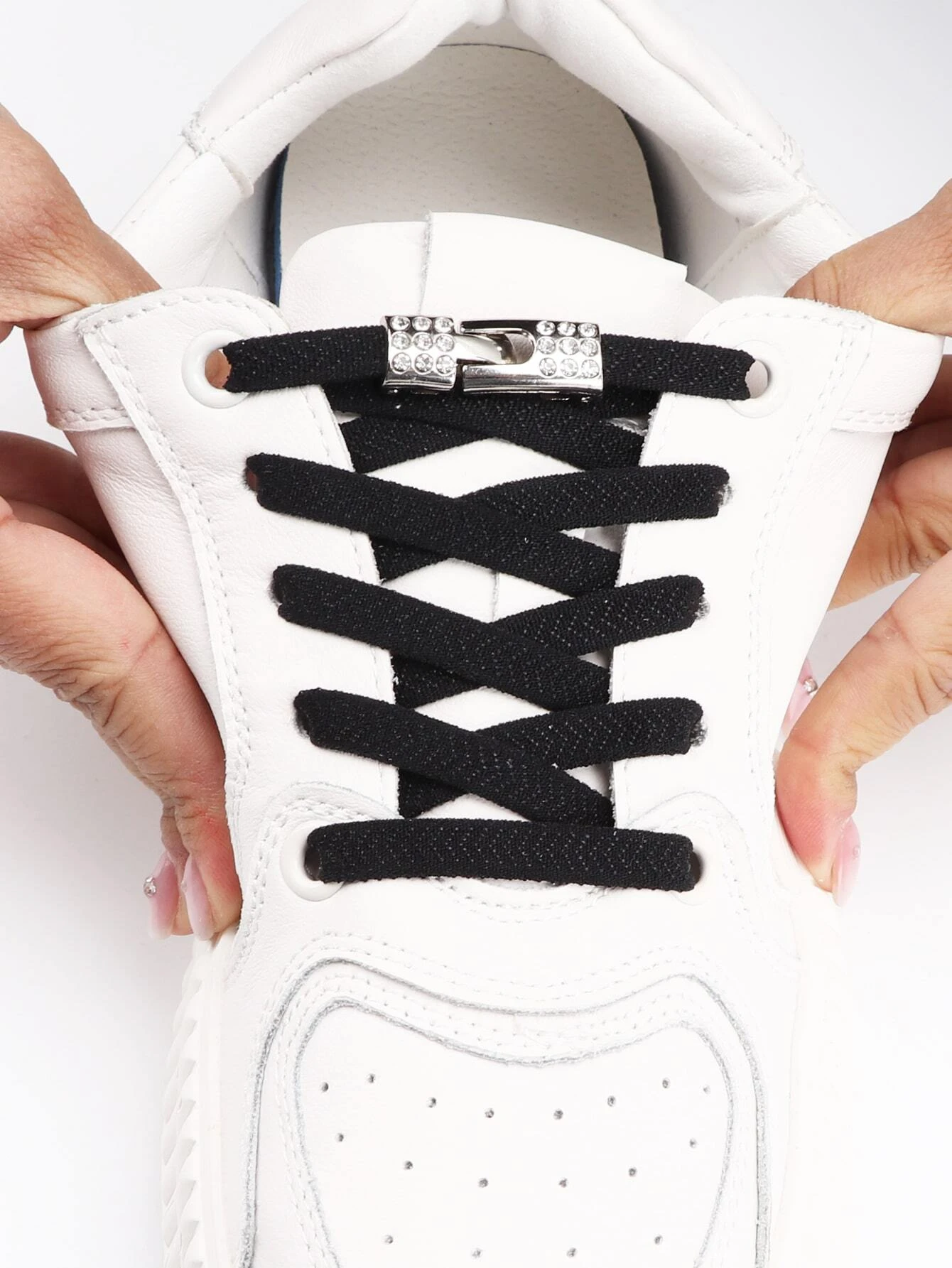 One pair of rhinestone decor no-tie shoelaces with buckle, polyester fashionable accessories designed for sneakers, adding a touch of sparkle and convenience to your footwear while staying stylish.