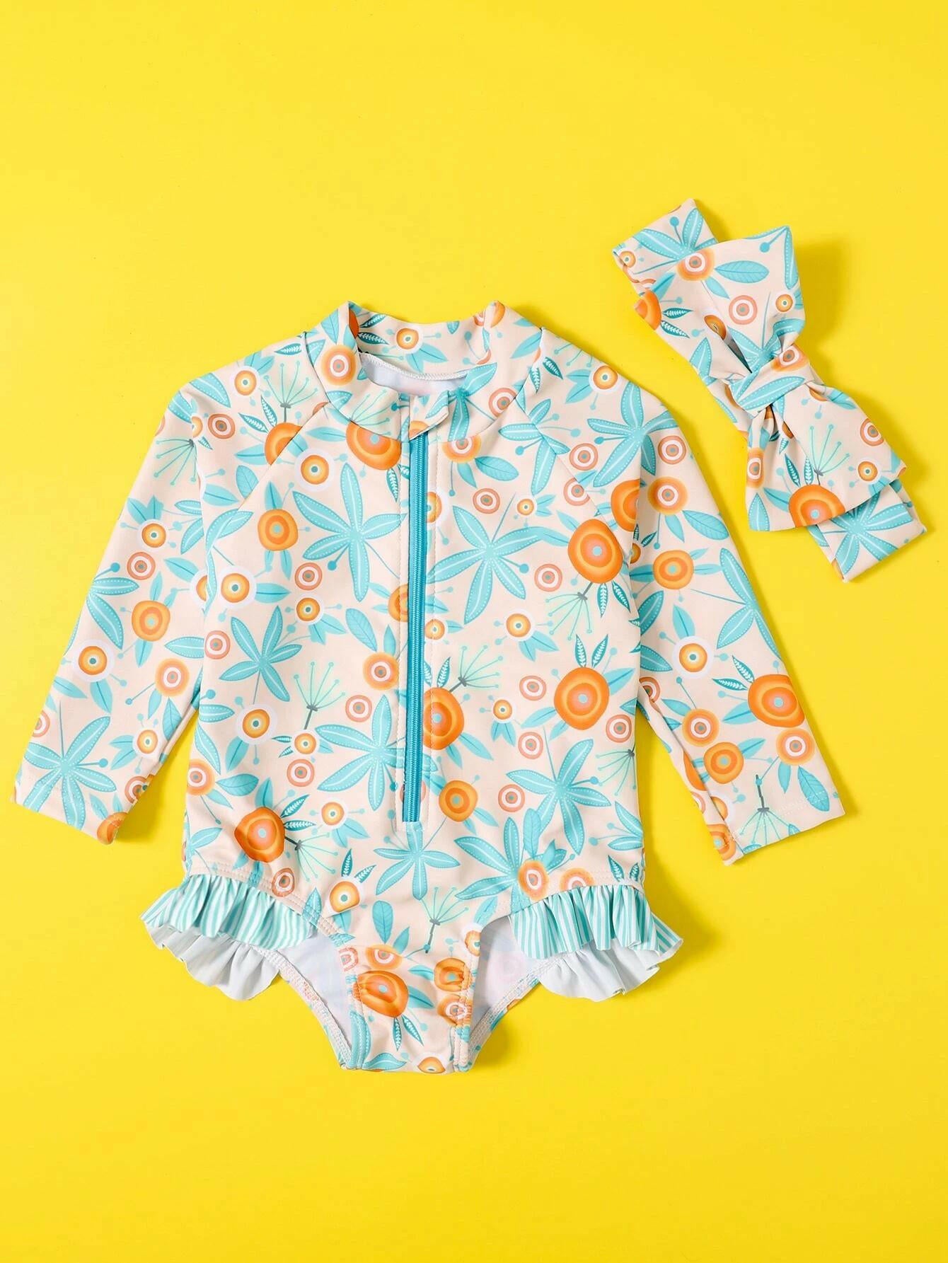 Baby Girl Leaf Graphic Ruffle One Piece Swimsuit