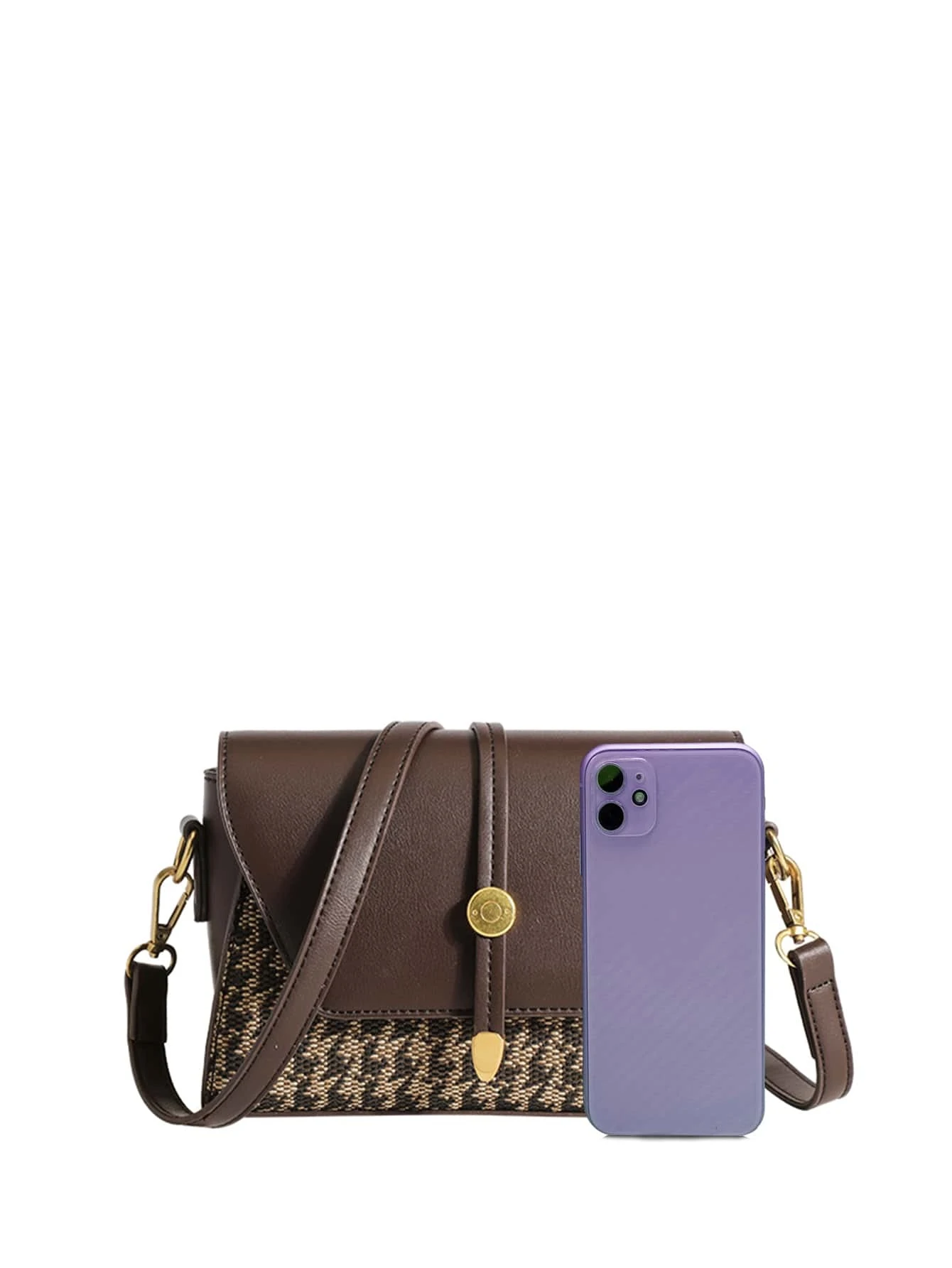 Mini square bag with houndstooth pattern flap. This accessory combines classic design with modern elements, offering a chic and stylish way to carry your essentials.