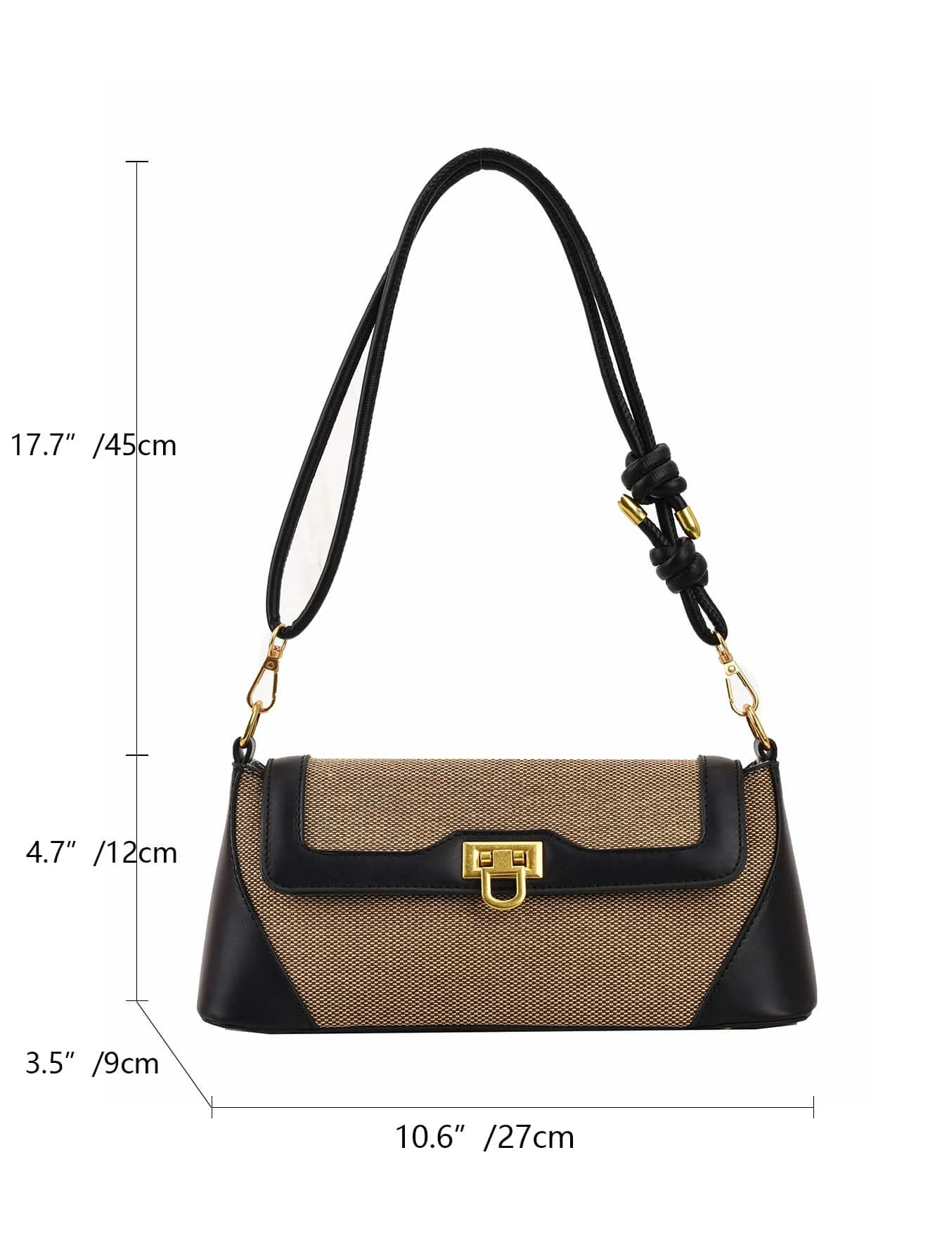 Two-tone flap baguette bag with a blend of colors. This accessory offers a sleek and stylish way to carry your essentials, embodying modern elegance and functionality.