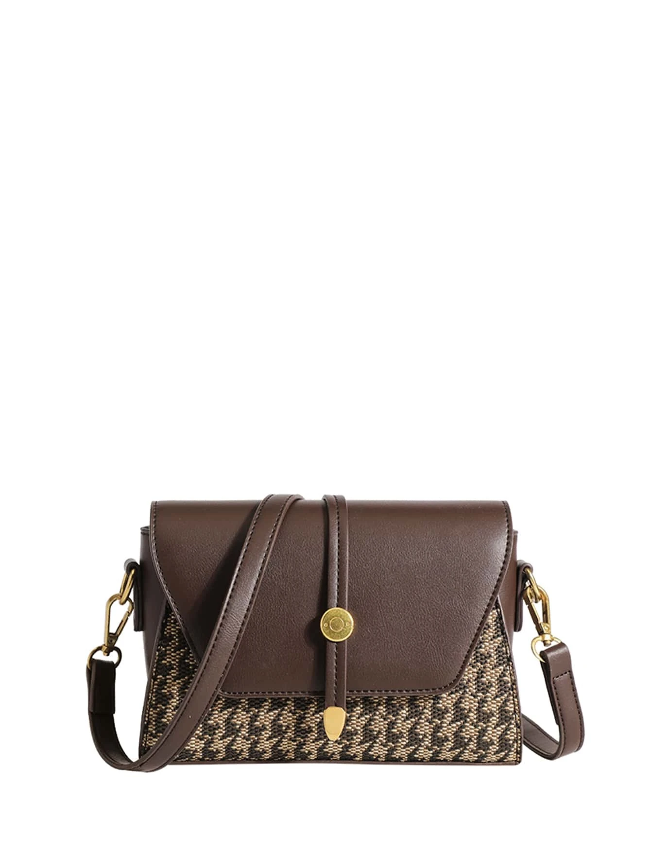 Mini square bag with houndstooth pattern flap. This accessory combines classic design with modern elements, offering a chic and stylish way to carry your essentials.