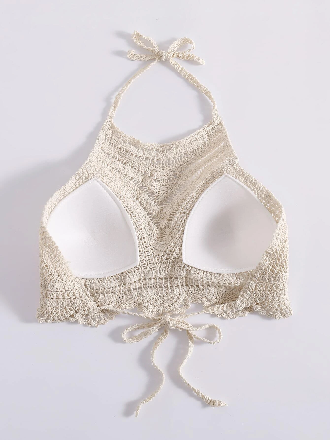 Scallop Trim Halter Push Up Crochet Bikini Top